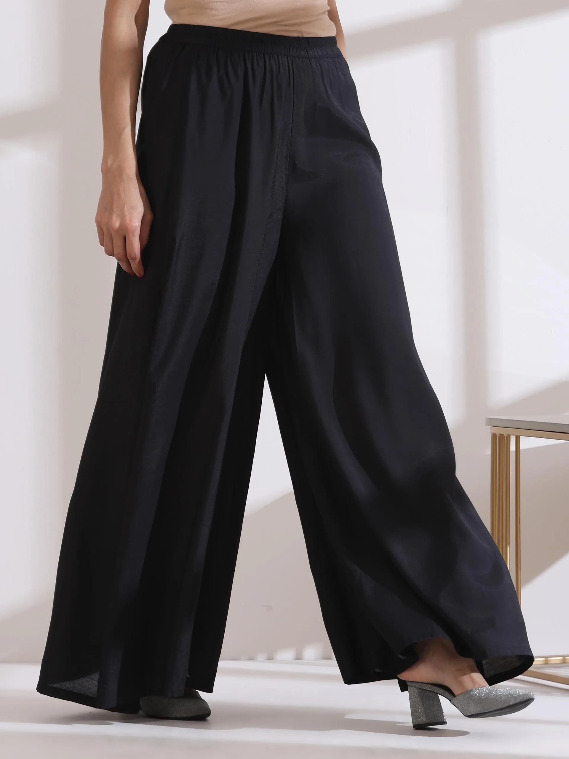2 Pc Set - Airskin Black Long Opening Kurta With Multi Beads And Cream Pants