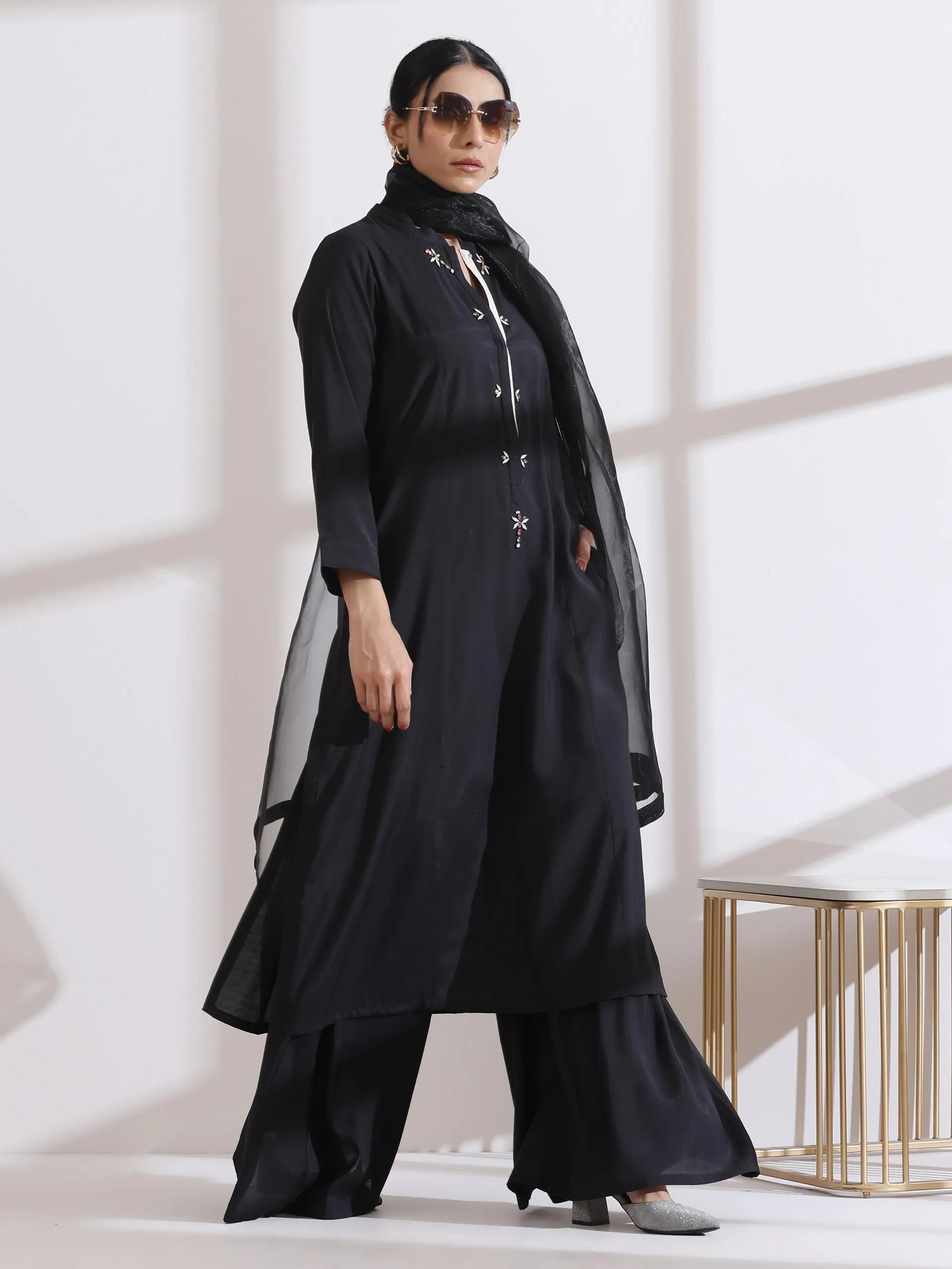 2 Pc Set - Airskin Black Long Opening Kurta With Multi Beads And Cream Pants