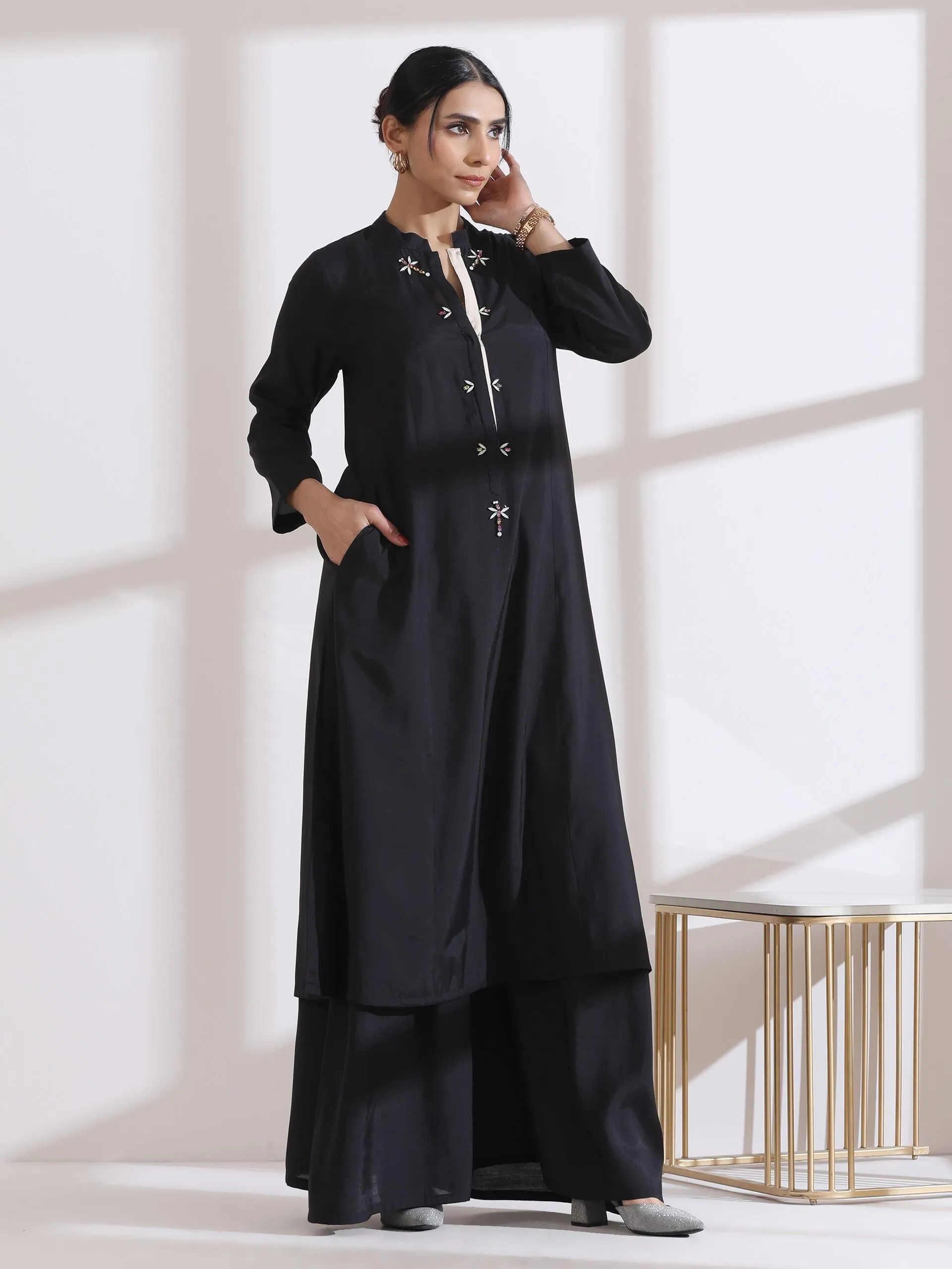 2 Pc Set - Airskin Black Long Opening Kurta With Multi Beads And Cream Pants