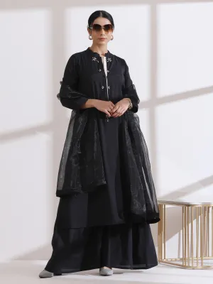 2 Pc Set - Airskin Black Long Opening Kurta With Multi Beads And Cream Pants