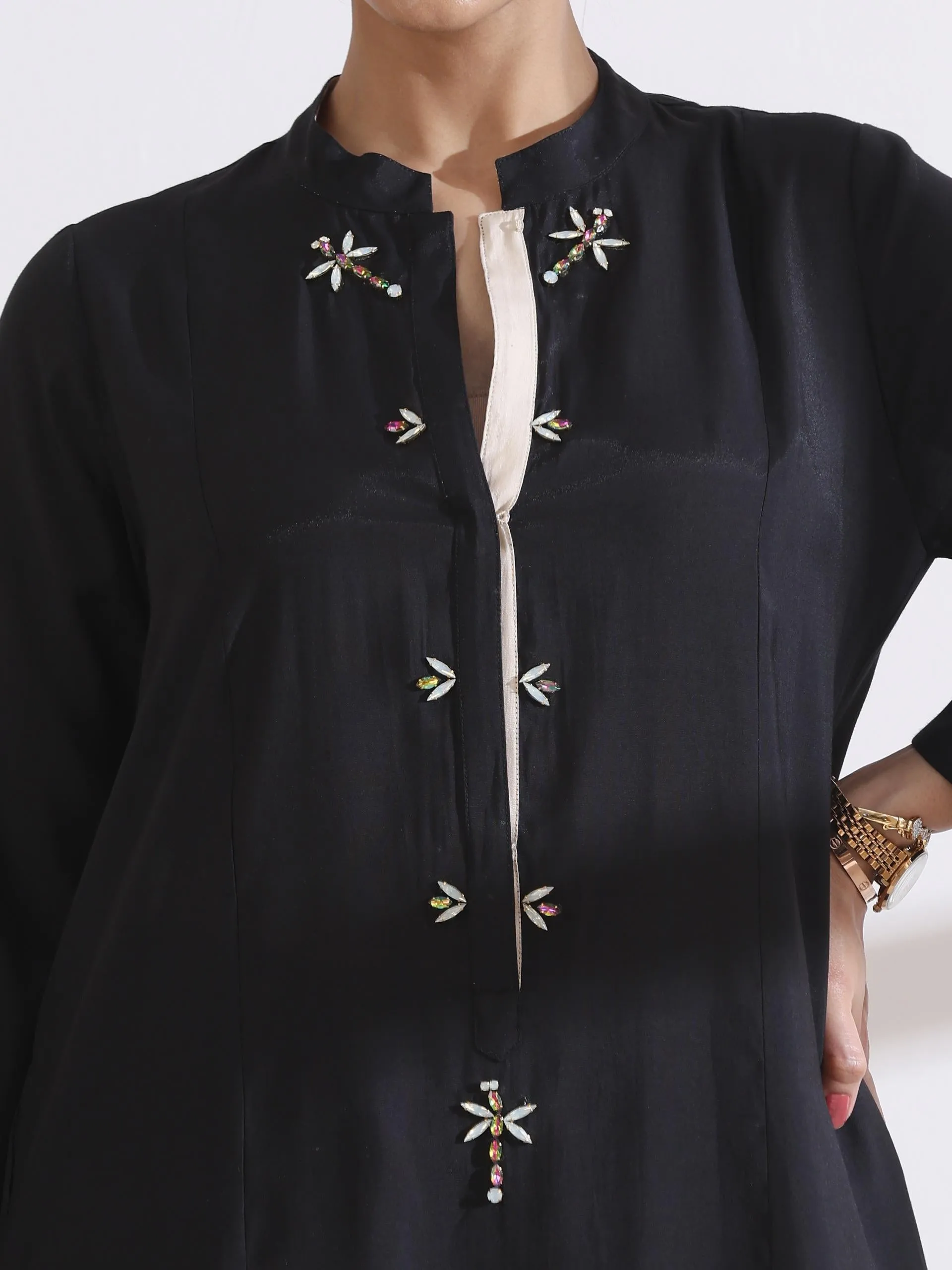 2 Pc Set - Airskin Black Long Opening Kurta With Multi Beads And Cream Pants
