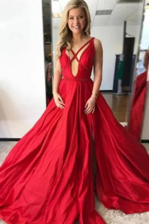 A-Line Deep V-Neck Court Train Red Satin Criss-Cross Straps Sleeveless Prom Dress C019