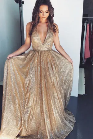 A-Line Halter Long Prom Dress with Sequins Backless Champagne Evening Dress OHC024
