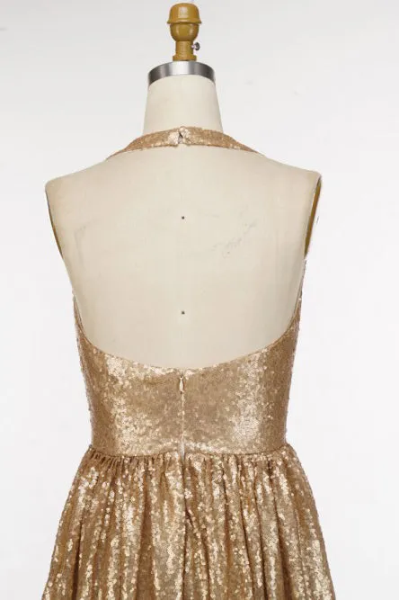 A-Line Halter Long Prom Dress with Sequins Backless Champagne Evening Dress OHC024