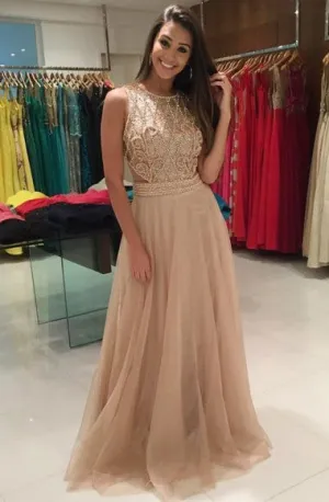 A-Line Jewel Sweep Train Champagne Tulle Prom Dress with Beading Q43