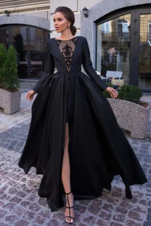 A-Line Round Neck Long Sleeves Overskirt Black Long Prom Dress with Lace CAD65