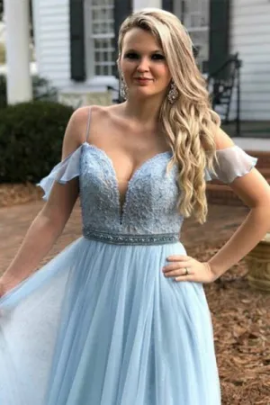 A-Line Square Sweep Train Cold Shoulder Blue Chiffon Prom Dress with Beading Lace D021