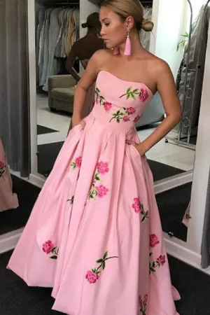 A-Line Sweetheart Pink Long Prom Dress With Embroidery Pockets LPD078
