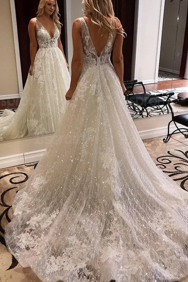 A Line V-Neck Lace Wedding Dresses Wedding Dress Custom Made Wedding Gown Bridal Gown OHD175
