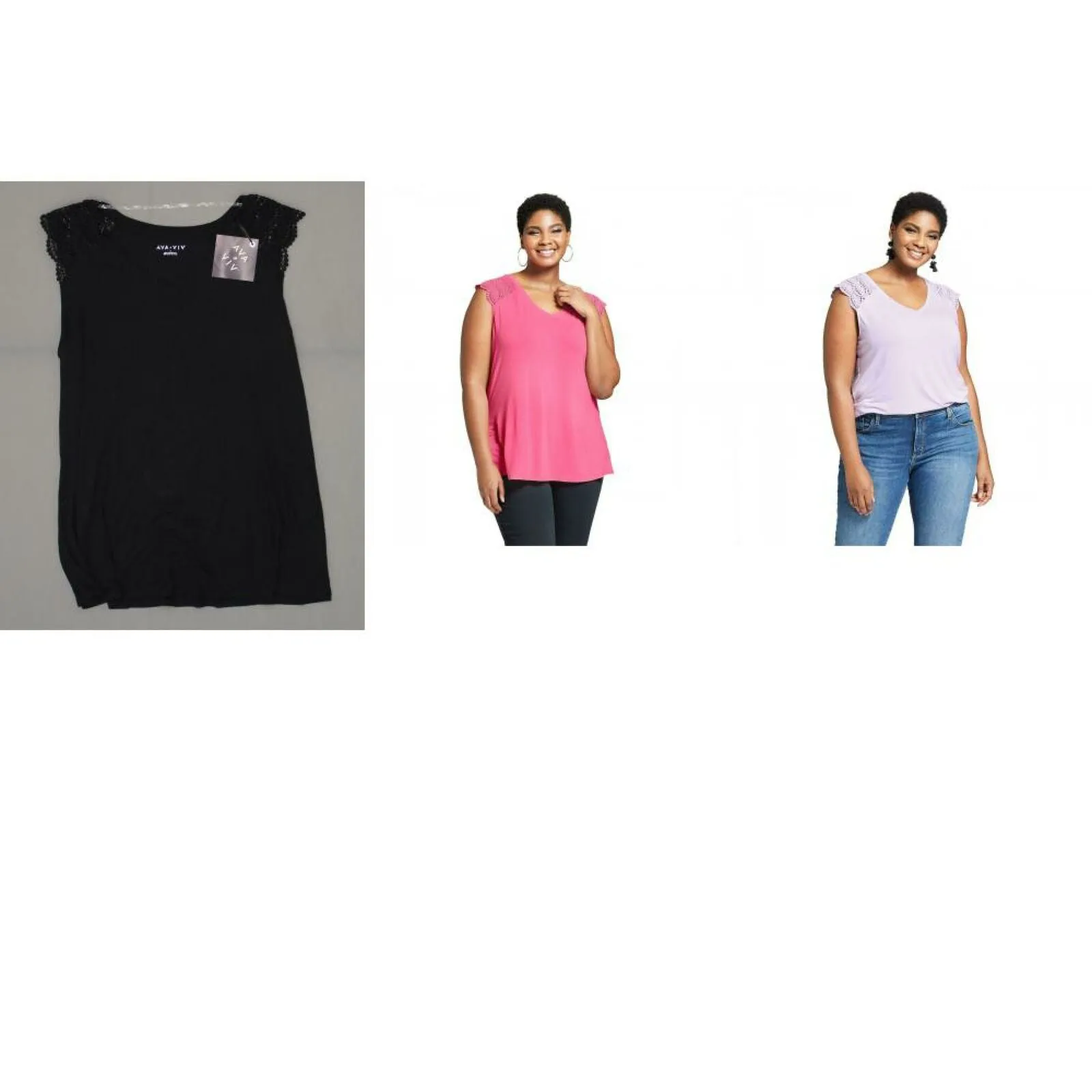 Ava & Viv Women's Plus Size Crochet Shoulder Sleeveless V-Neck T-Shirt