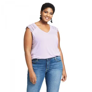 Ava & Viv Women's Plus Size Crochet Shoulder Sleeveless V-Neck T-Shirt