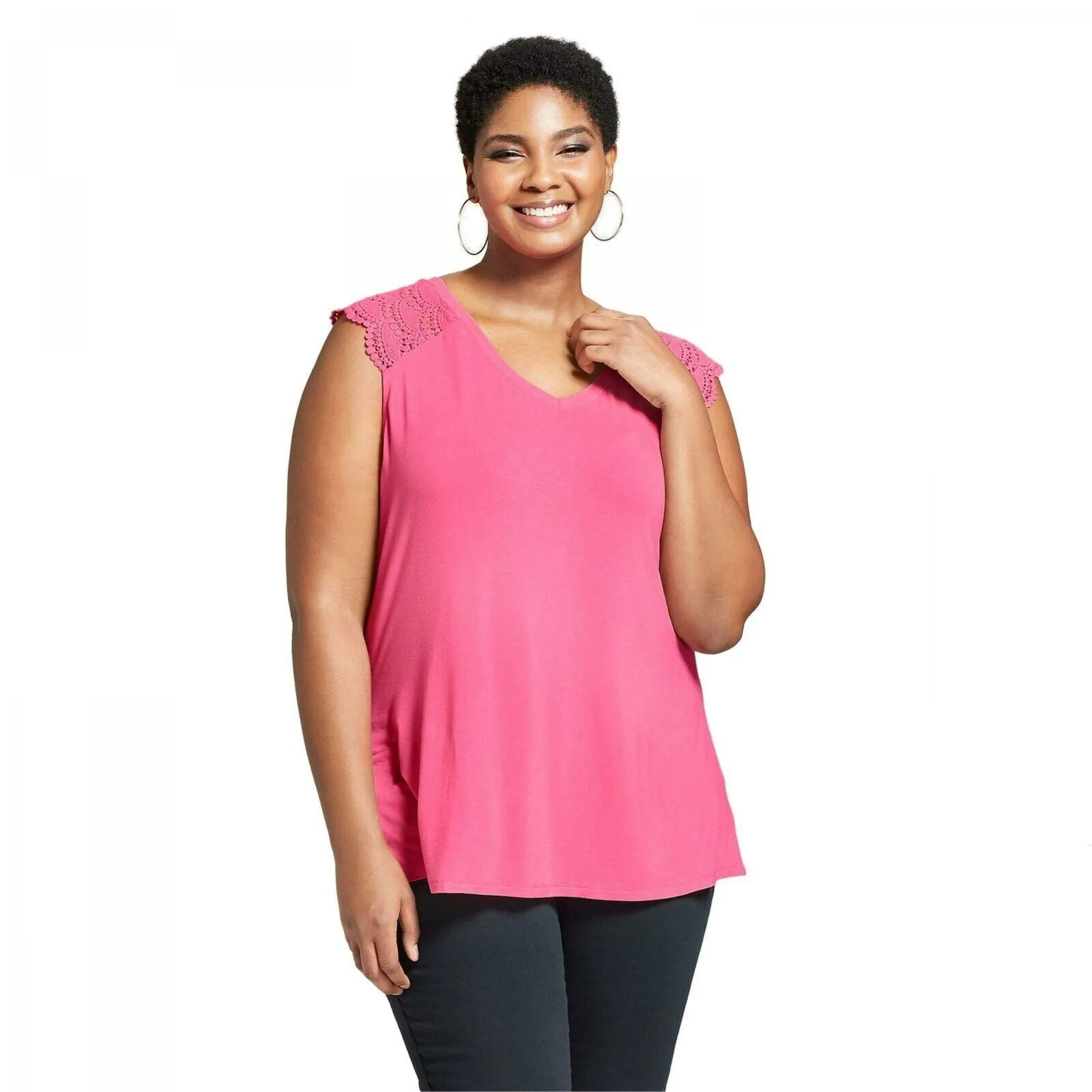 Ava & Viv Women's Plus Size Crochet Shoulder Sleeveless V-Neck T-Shirt