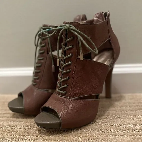 BCBGeneration Brown Leather Heels with Green Lace up the Front