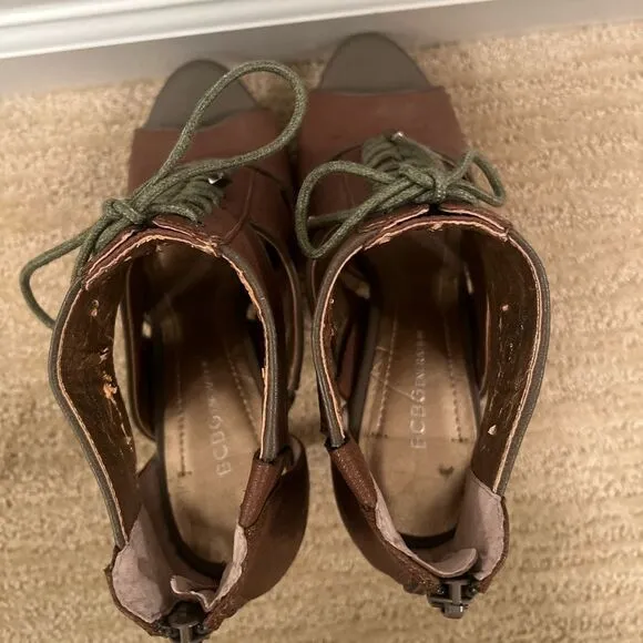 BCBGeneration Brown Leather Heels with Green Lace up the Front