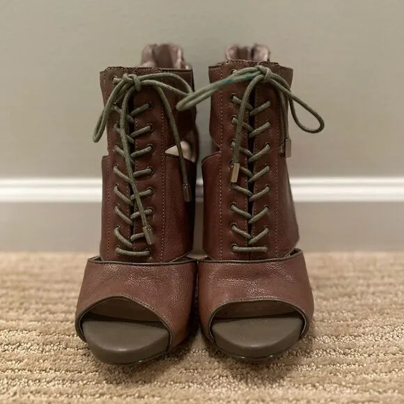 BCBGeneration Brown Leather Heels with Green Lace up the Front