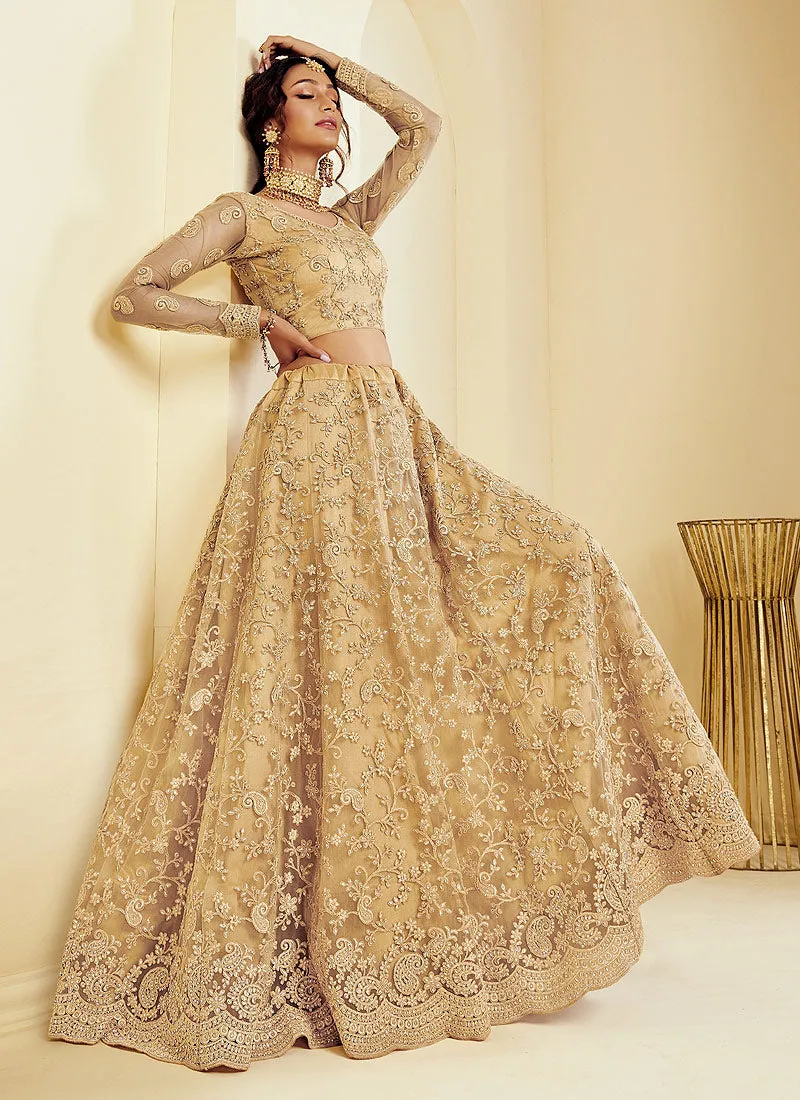 Beige Golden Pearl Embroidered Wedding Lehenga Choli