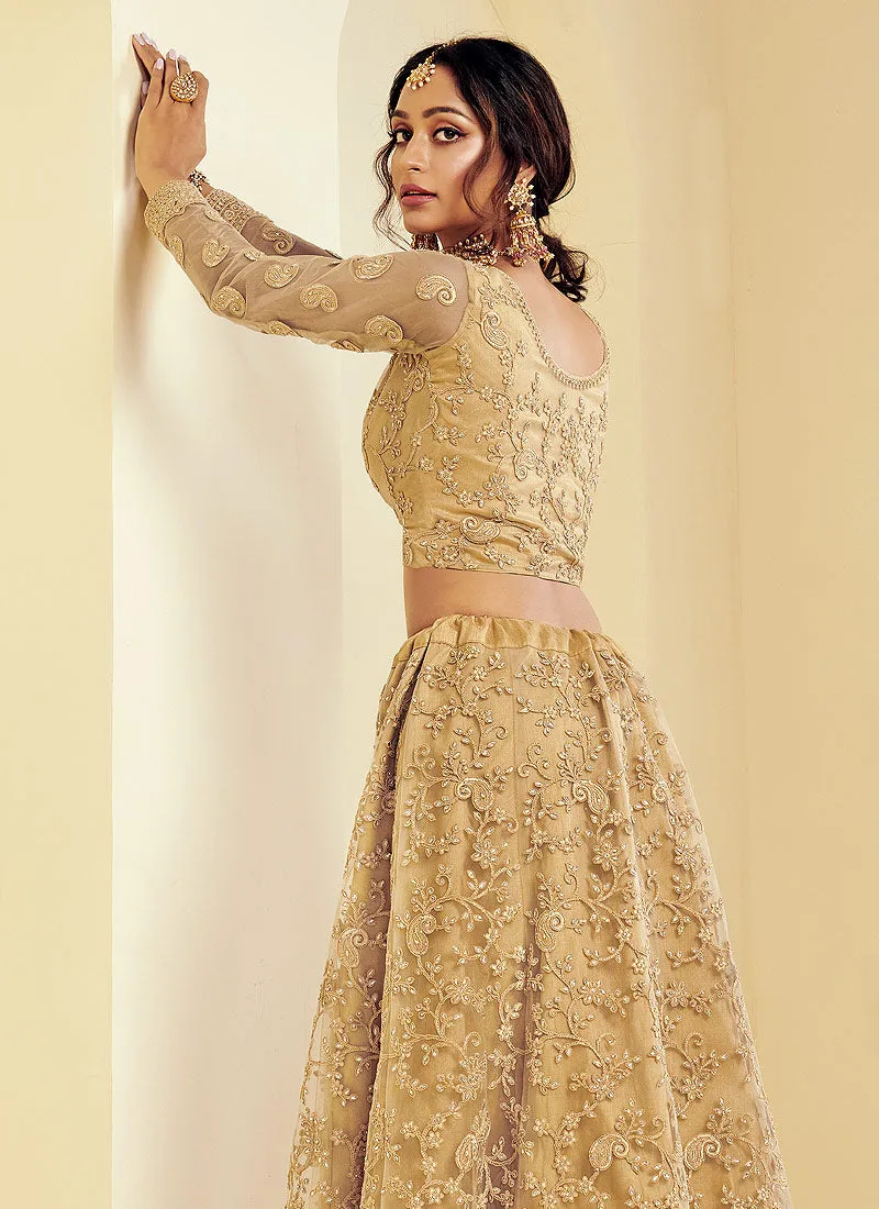 Beige Golden Pearl Embroidered Wedding Lehenga Choli