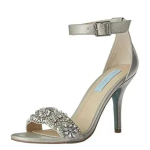 Betsey Johnson Devan Pump Heels Silver Rhinestone Ankle Strap Peep Toe Size 7.5