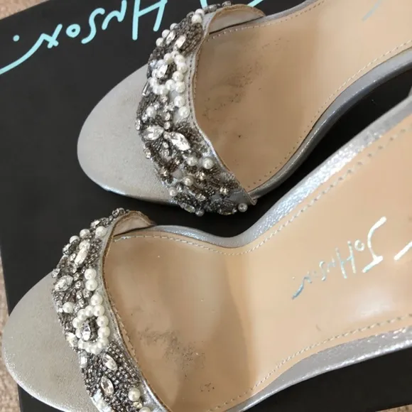 Betsey Johnson Devan Pump Heels Silver Rhinestone Ankle Strap Peep Toe Size 7.5