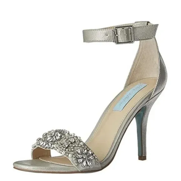 Betsey Johnson Devan Pump Heels Silver Rhinestone Ankle Strap Peep Toe Size 7.5