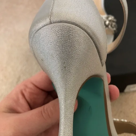 Betsey Johnson Devan Pump Heels Silver Rhinestone Ankle Strap Peep Toe Size 7.5