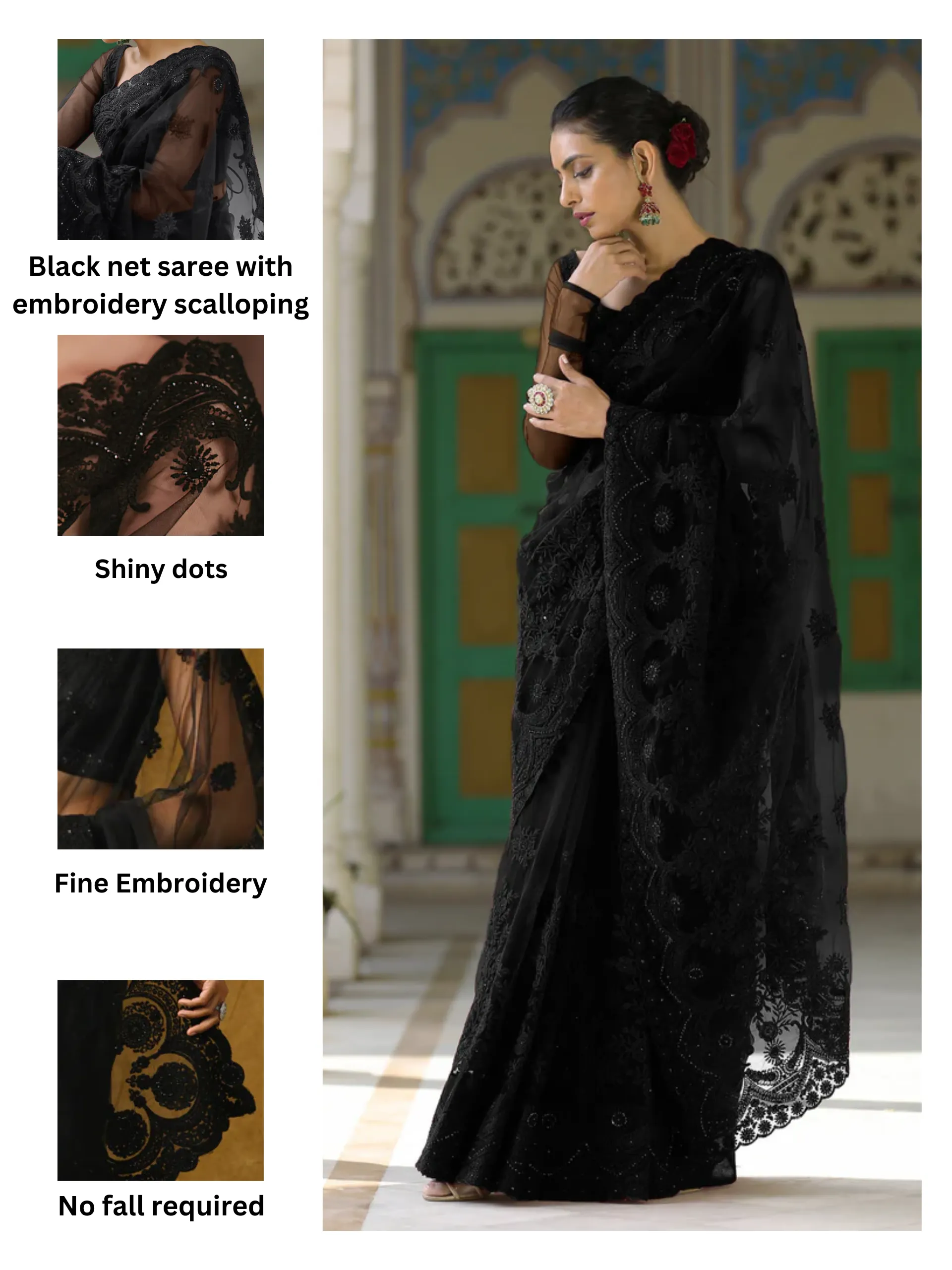 Black Net Saree with Embroidery & Scalloping