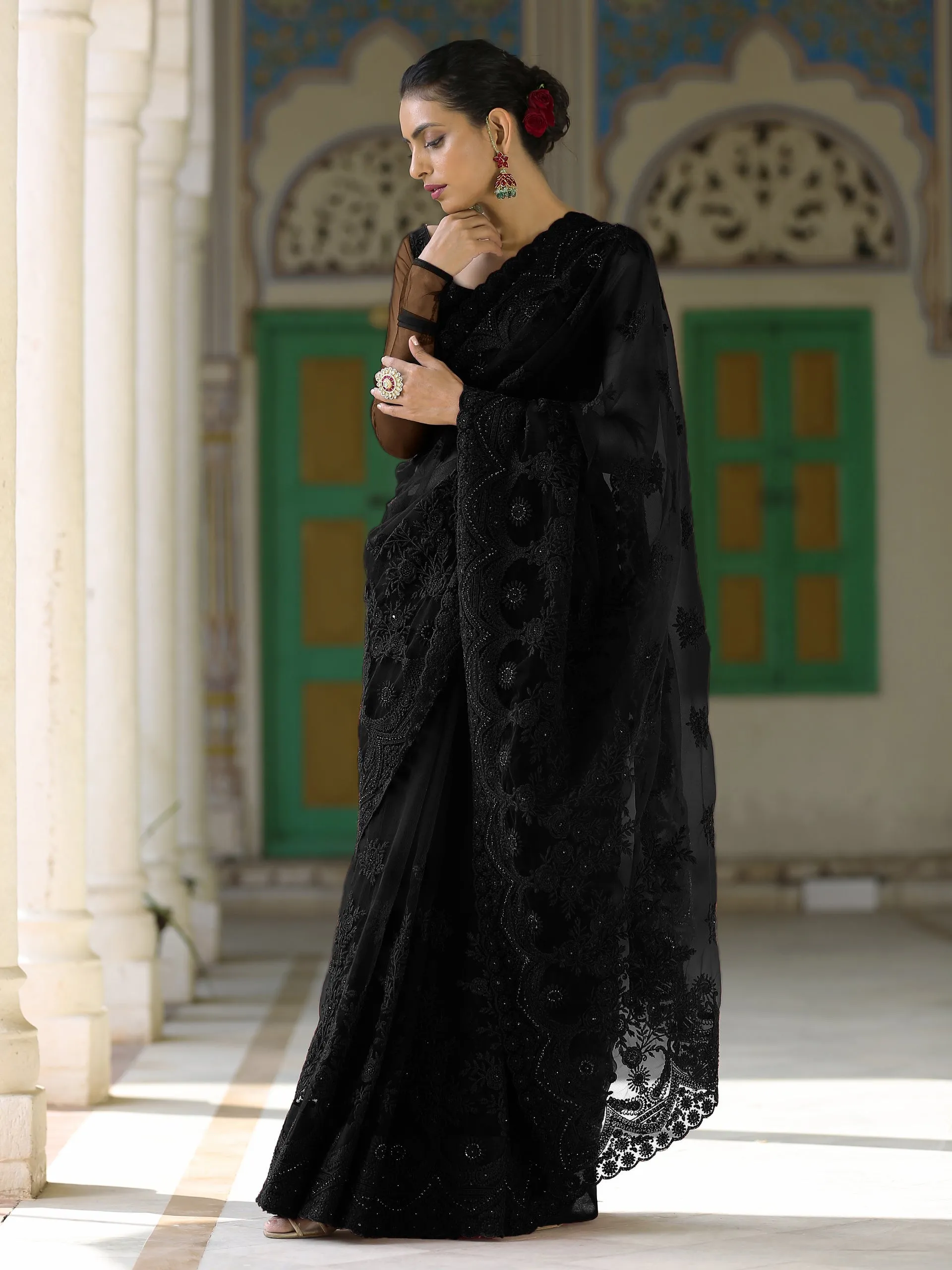 Black Net Saree with Embroidery & Scalloping