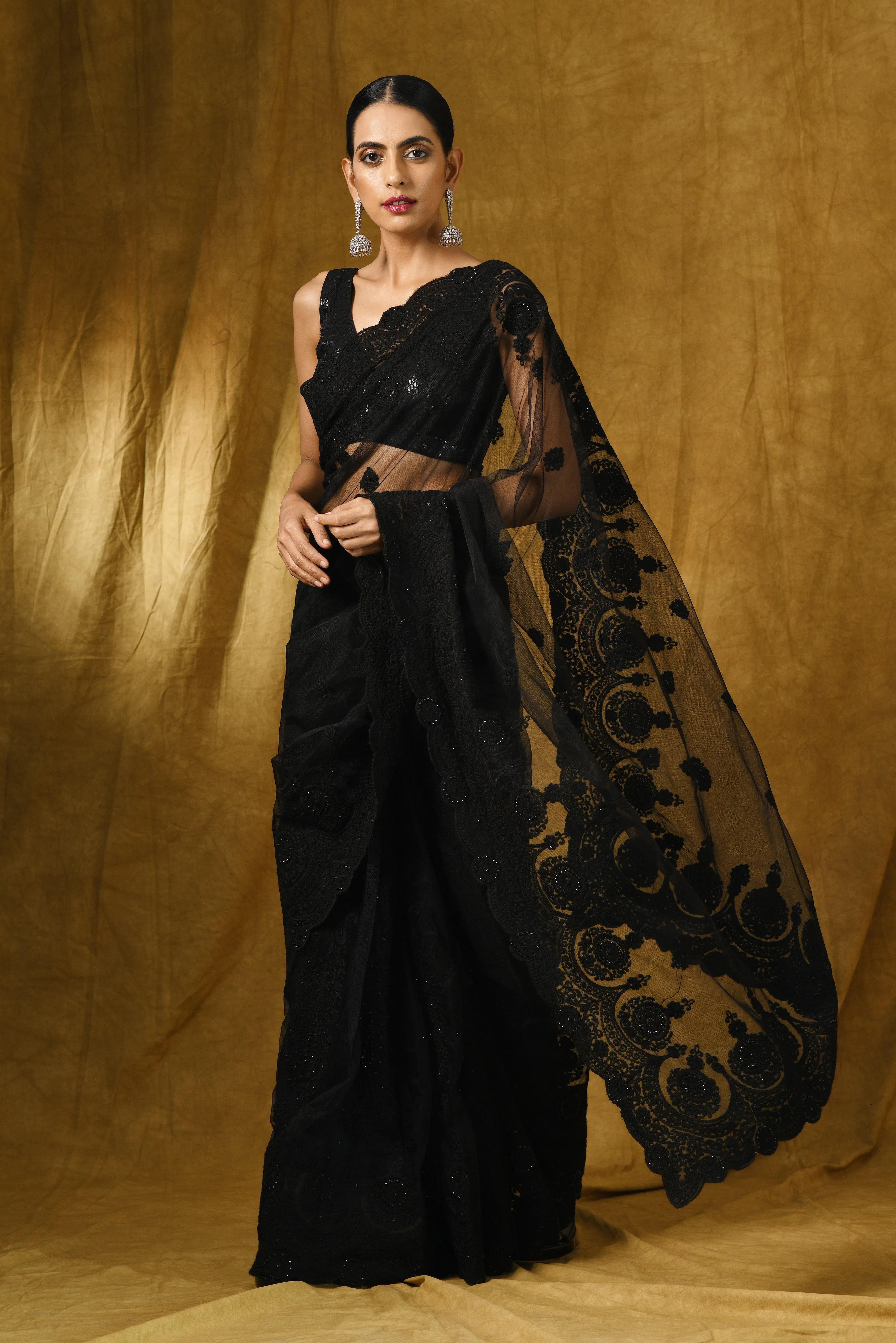 Black Net Saree with Embroidery & Scalloping