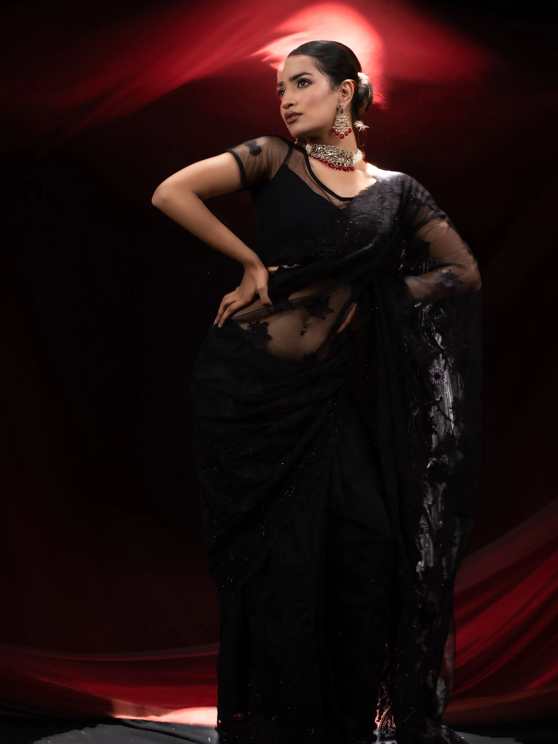 Black Net Saree with Embroidery & Scalloping