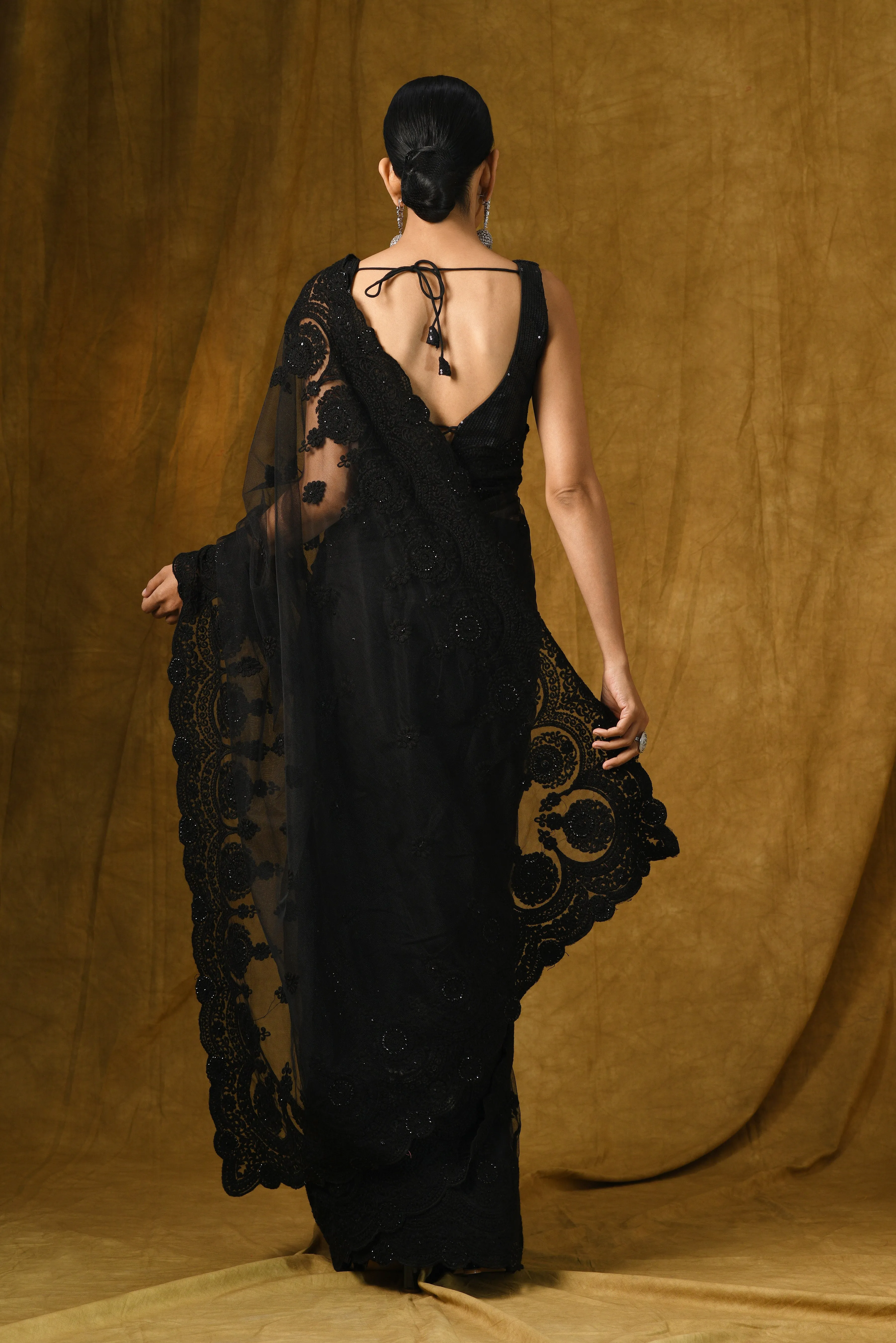 Black Net Saree with Embroidery & Scalloping