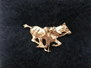 Brooch Polo Player in Mid Swing on Galloping Horse with a Ruby Eye Form 14kt Gold