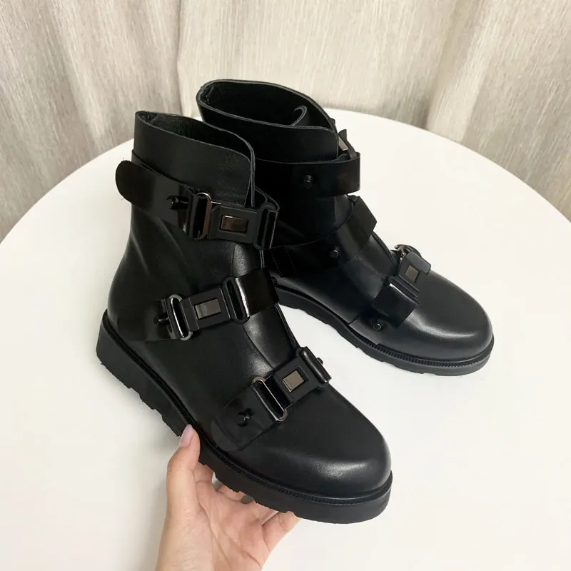 Buckle Strap Black Short Boots Women