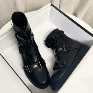 Buckle Strap Black Short Boots Women