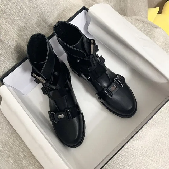 Buckle Strap Black Short Boots Women