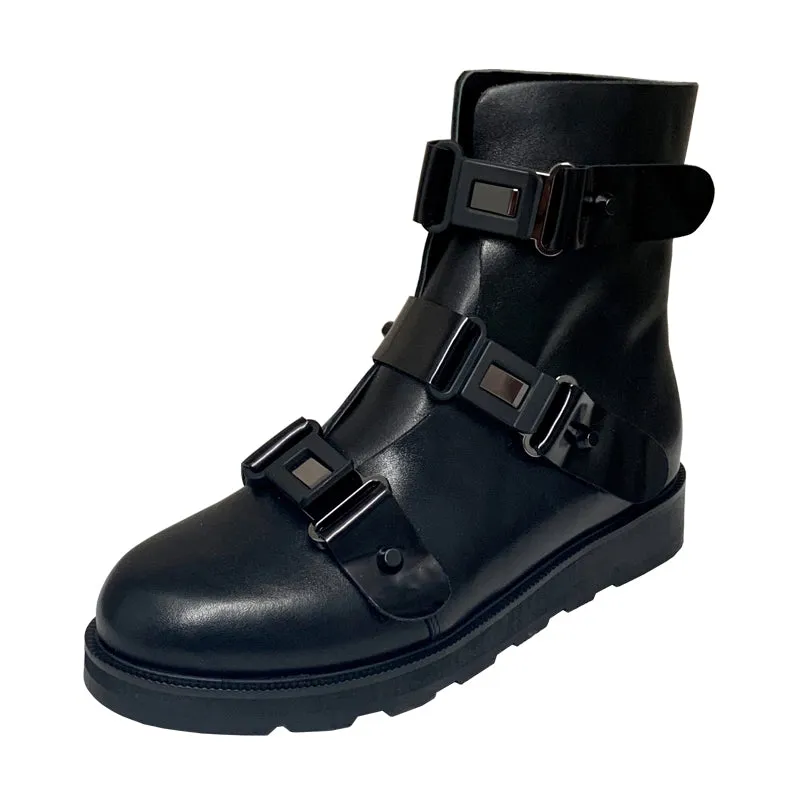 Buckle Strap Black Short Boots Women