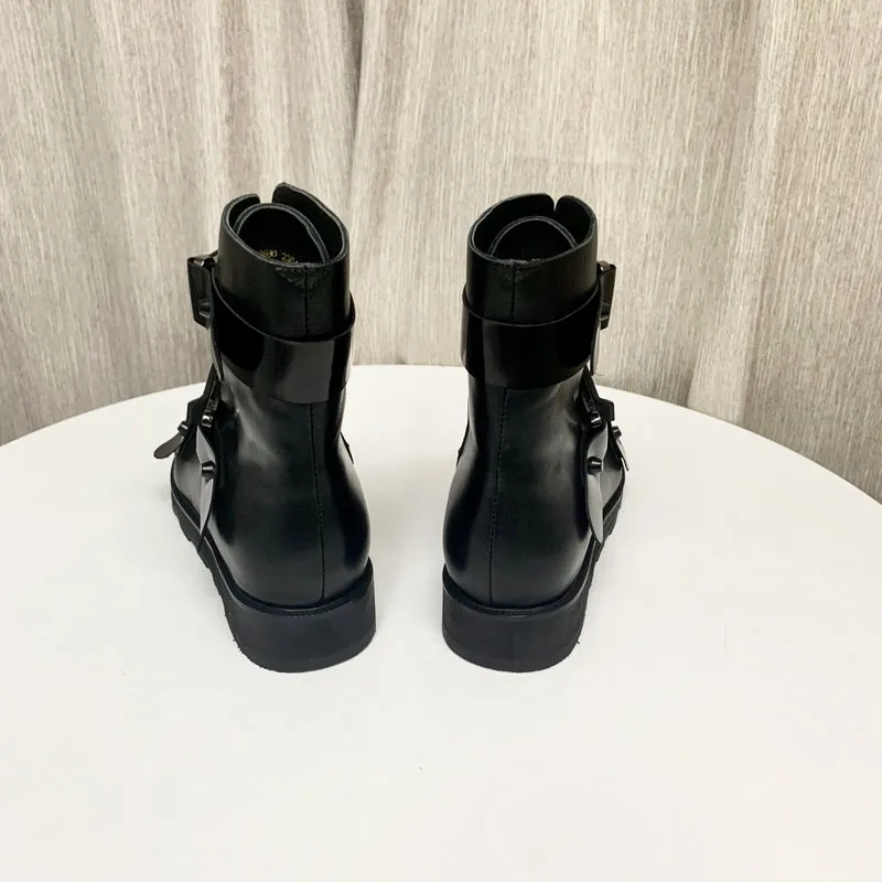 Buckle Strap Black Short Boots Women