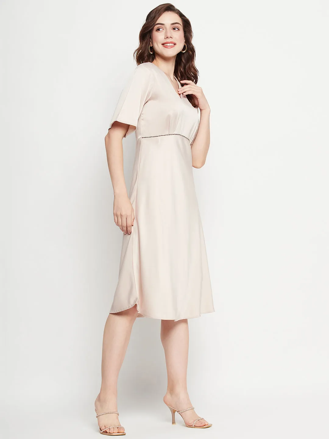 Camla Barcelona Sequin Embellished Midi Fawn A Line Dress