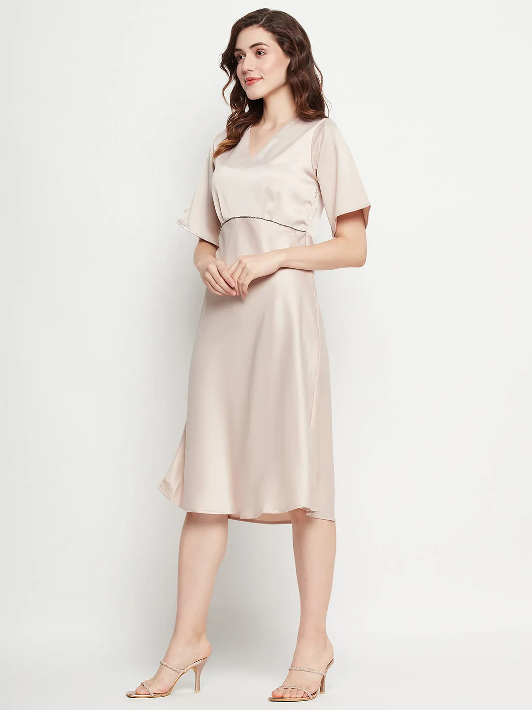 Camla Barcelona Sequin Embellished Midi Fawn A Line Dress