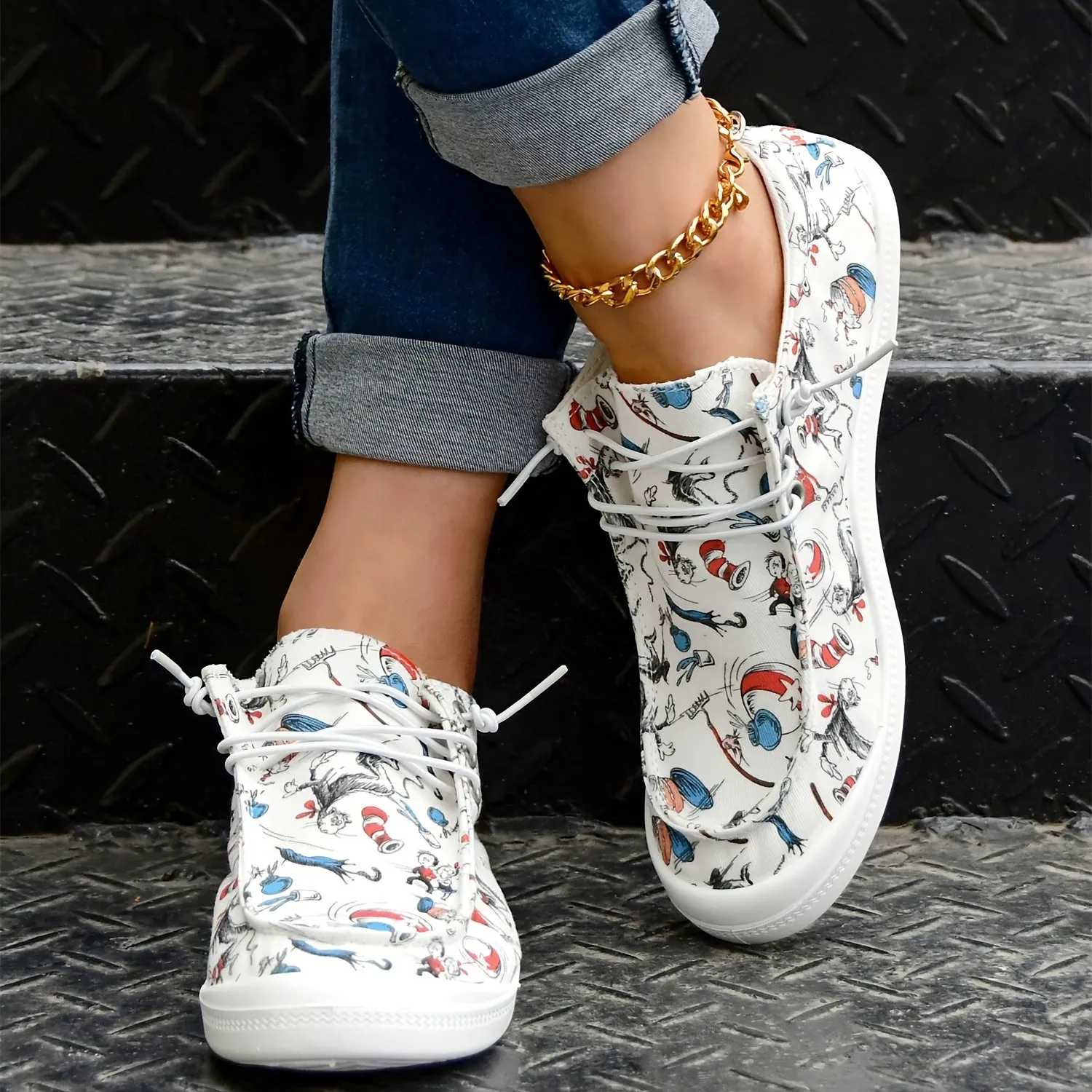 Casual cartoon print loafer voor dameslicht slip-on canvas schoenen