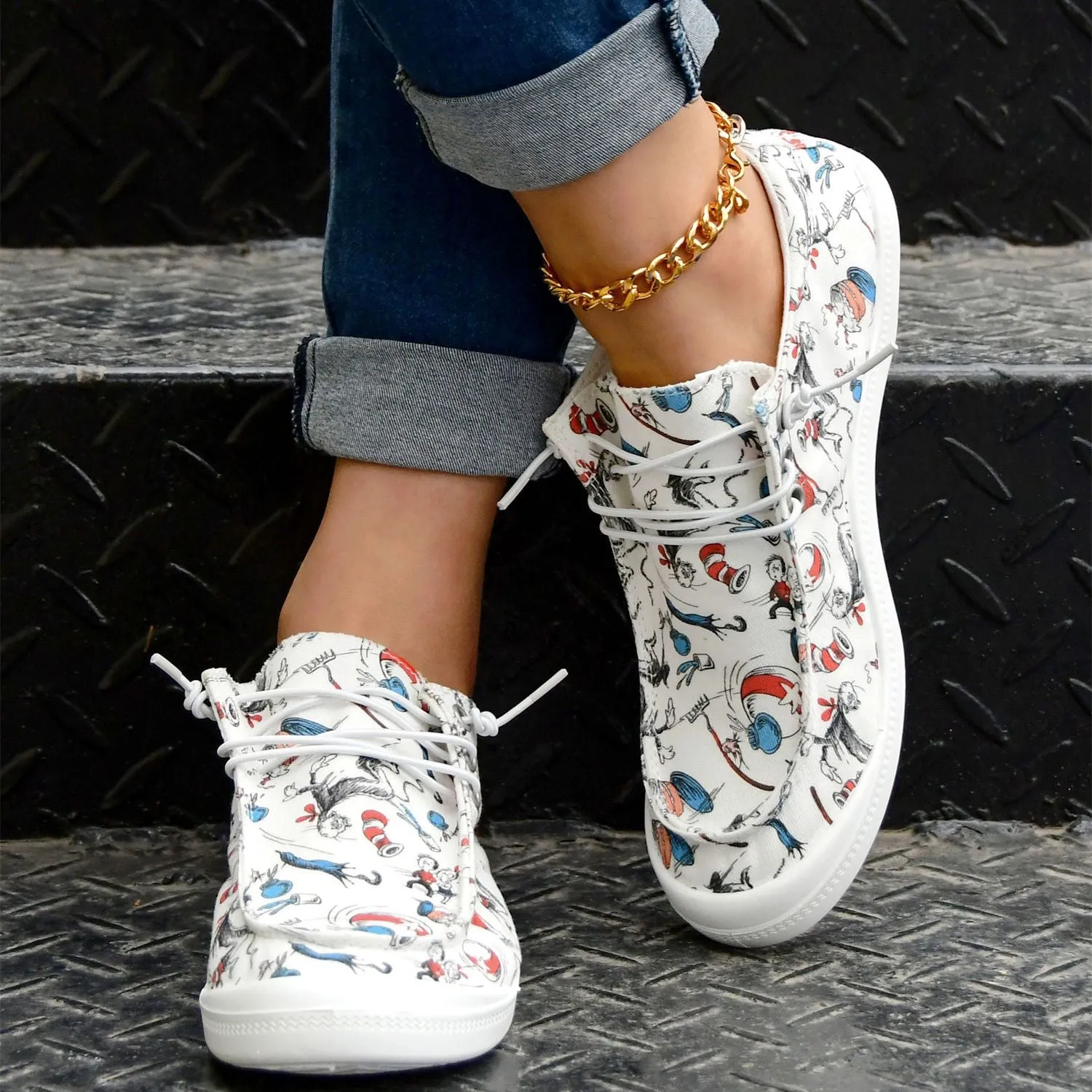 Casual cartoon print loafer voor dameslicht slip-on canvas schoenen