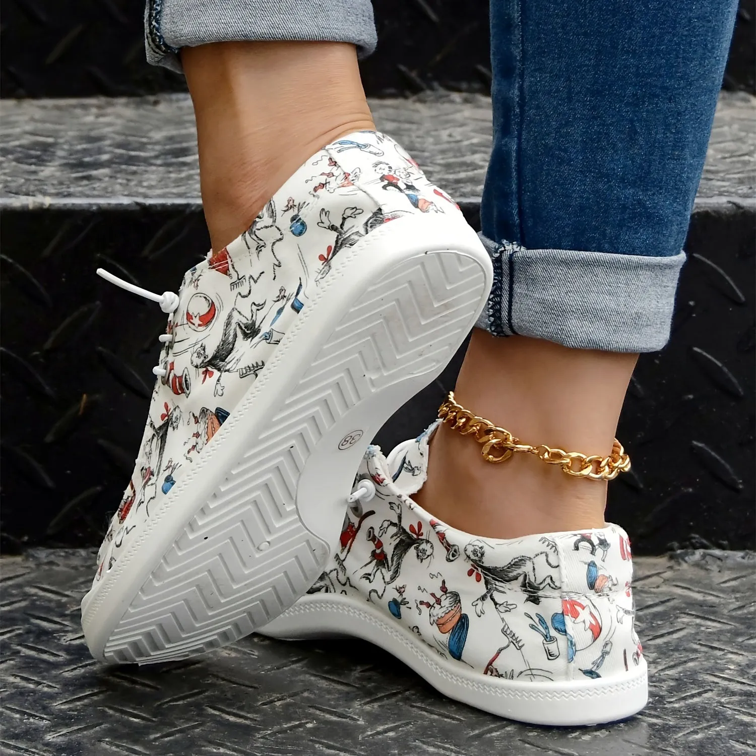 Casual cartoon print loafer voor dameslicht slip-on canvas schoenen