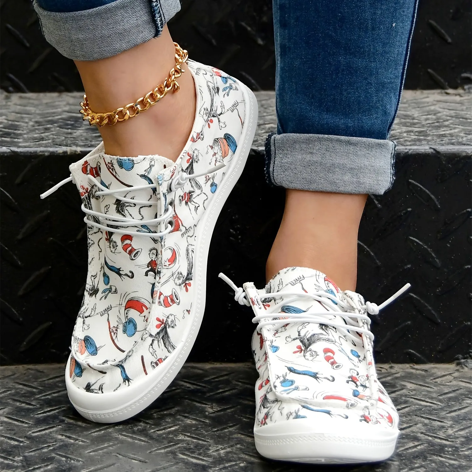 Casual cartoon print loafer voor dameslicht slip-on canvas schoenen