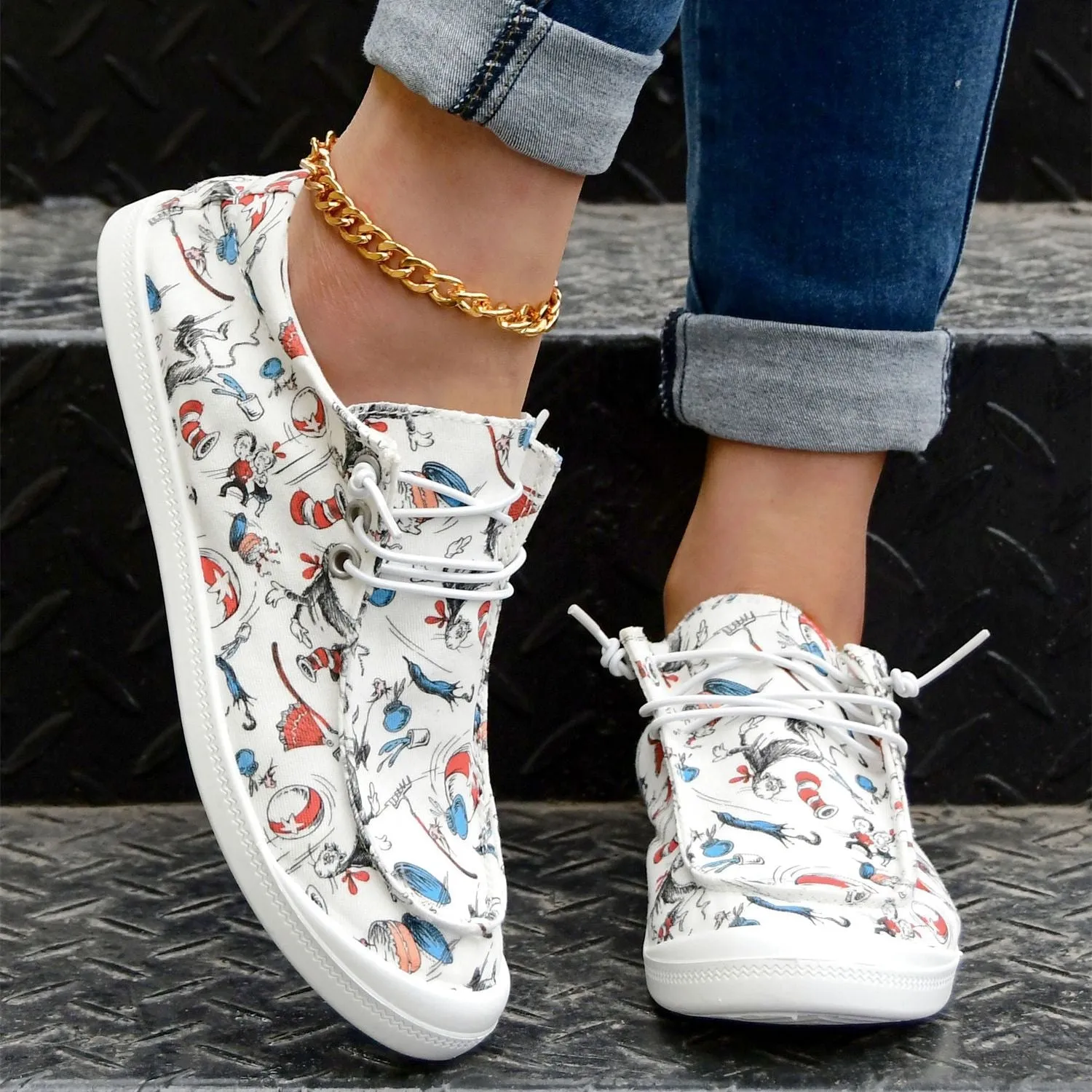 Casual cartoon print loafer voor dameslicht slip-on canvas schoenen