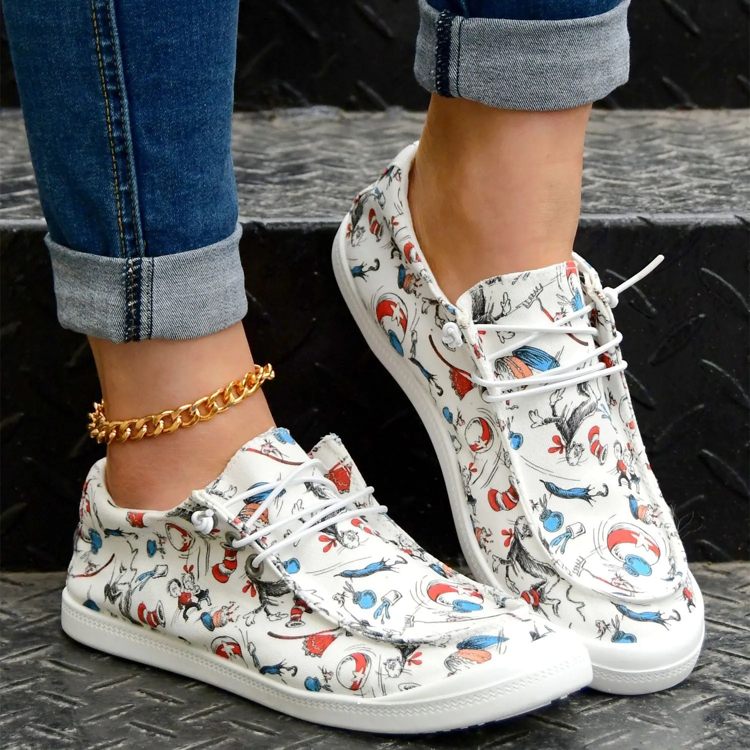 Casual cartoon print loafer voor dameslicht slip-on canvas schoenen