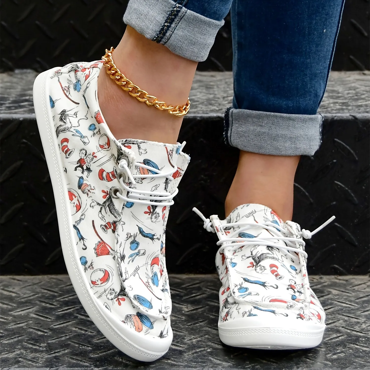 Casual cartoon print loafer voor dameslicht slip-on canvas schoenen