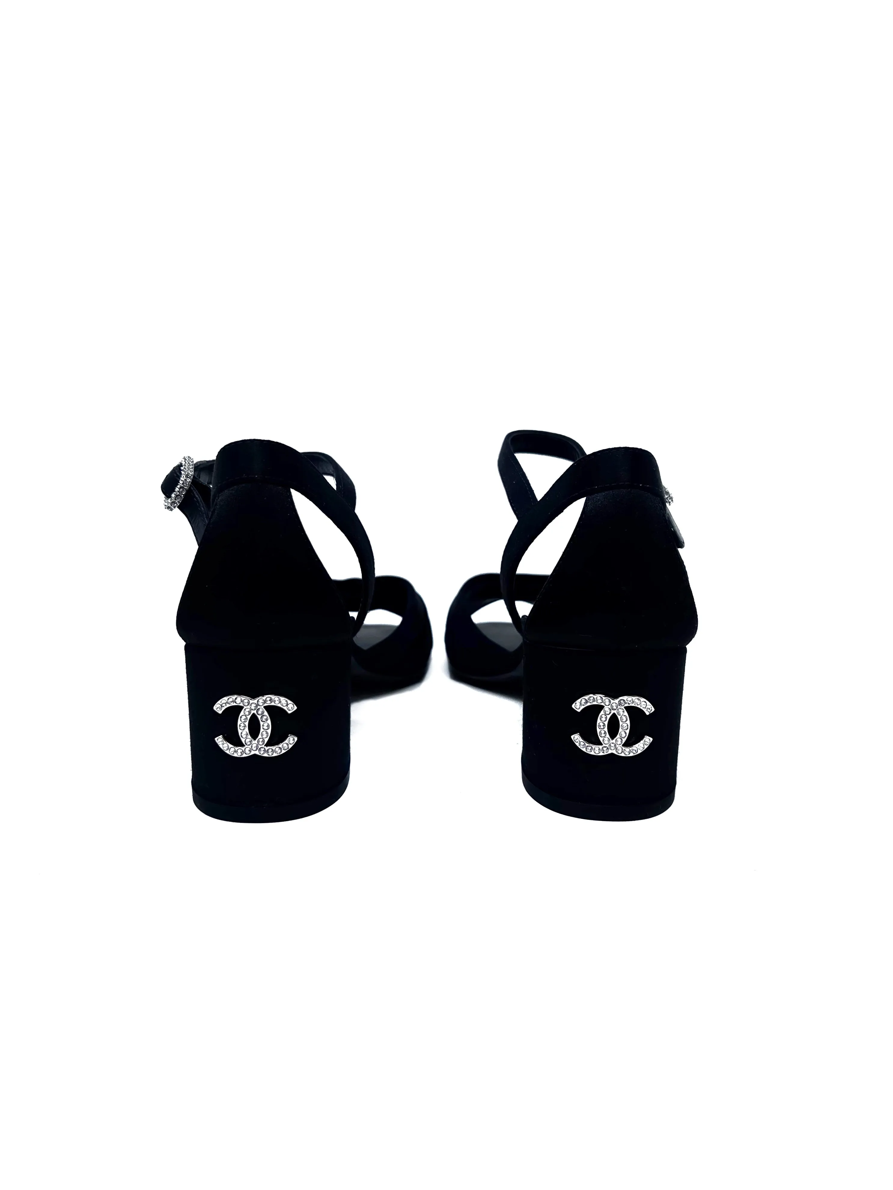 Chanel Size 38.5 WB! '23P Satin Crystal Logo Peep Toe Low Heel