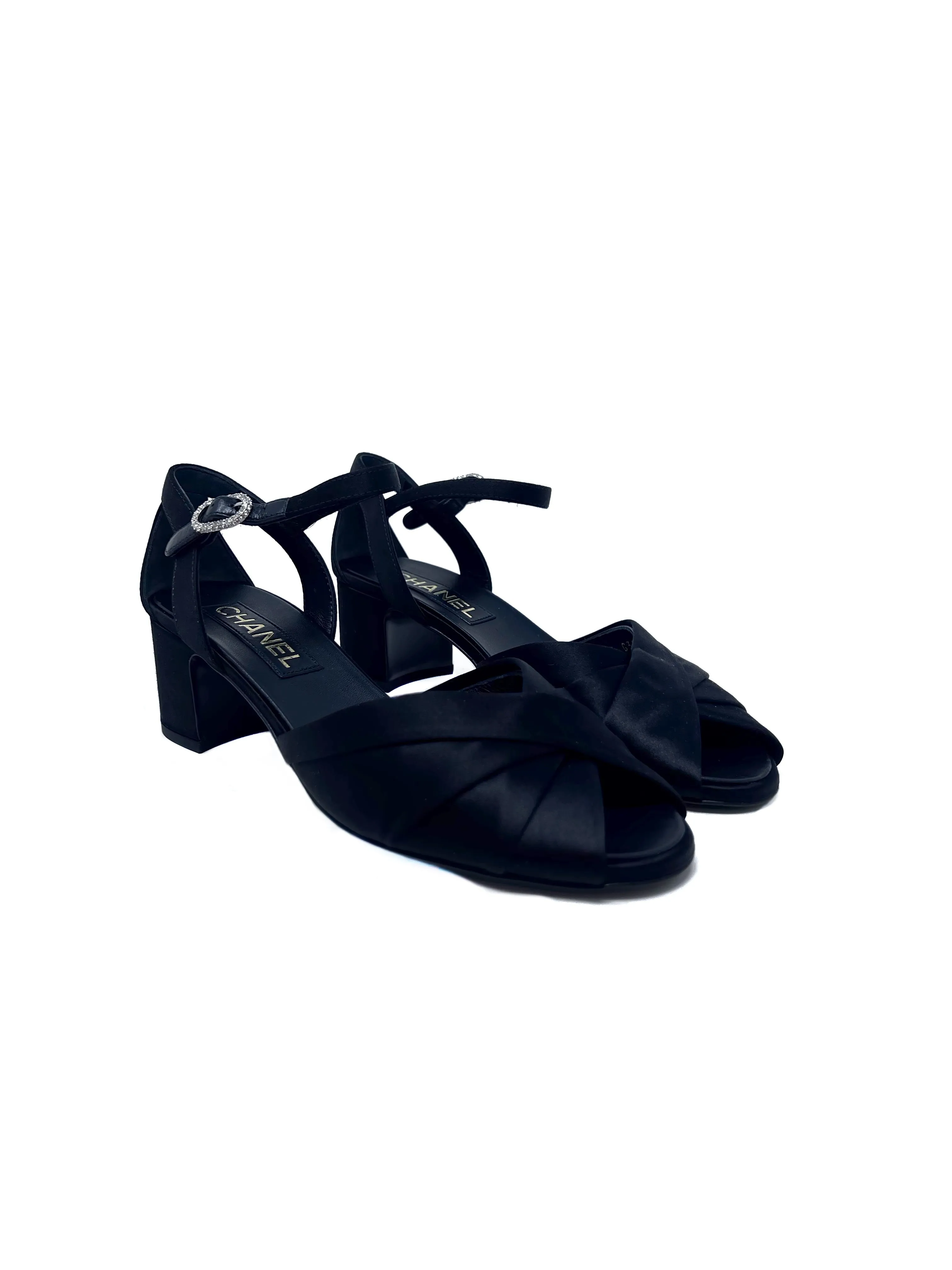 Chanel Size 38.5 WB! '23P Satin Crystal Logo Peep Toe Low Heel
