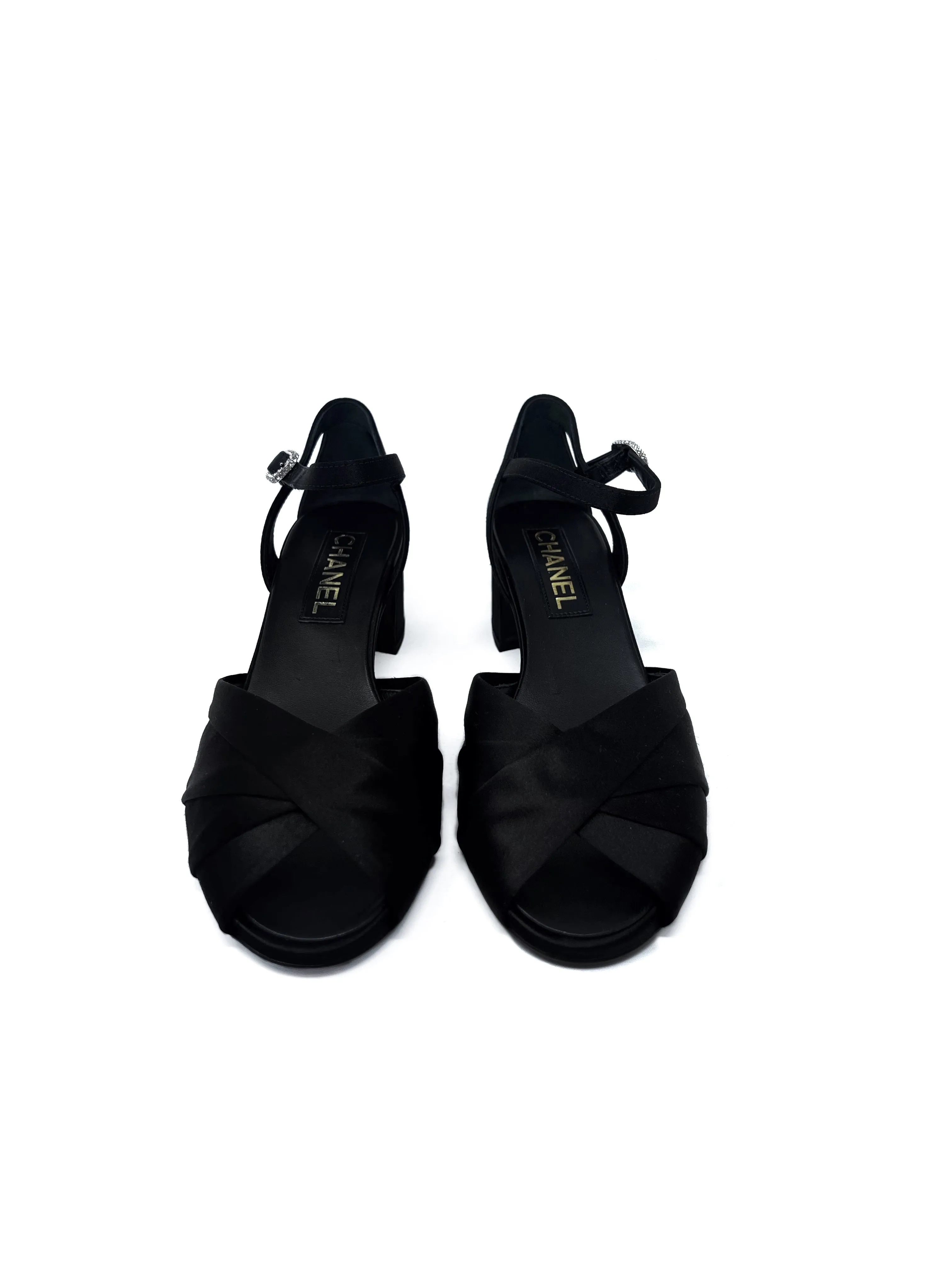 Chanel Size 38.5 WB! '23P Satin Crystal Logo Peep Toe Low Heel