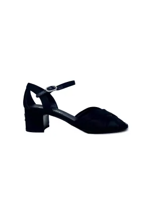 Chanel Size 38.5 WB! '23P Satin Crystal Logo Peep Toe Low Heel