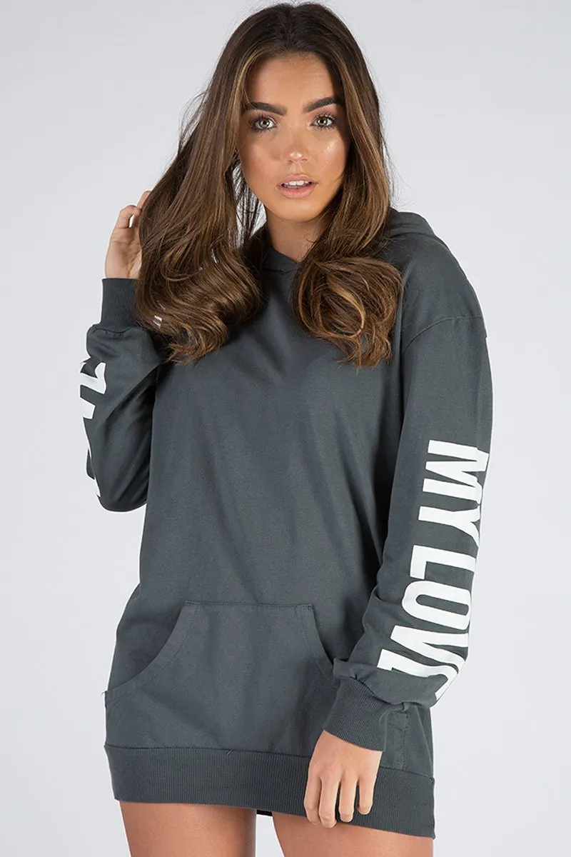 Charcoal 'My Love' Slogan Oversized Hoodie - Tish